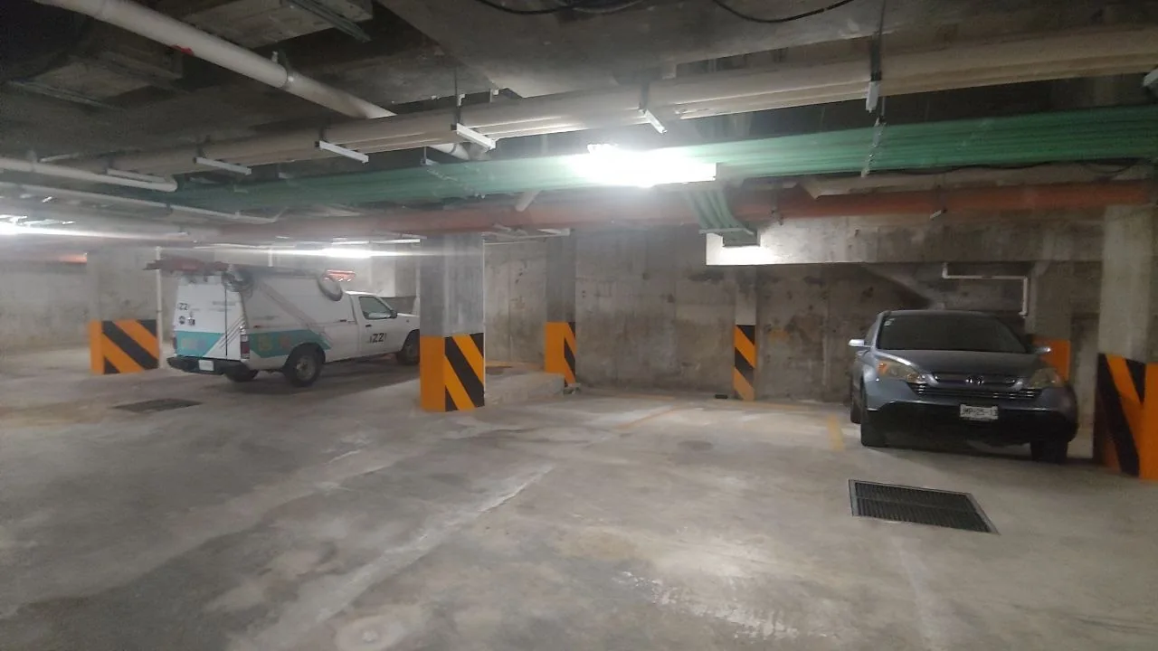Underground parking with marked bays and parked vehicles